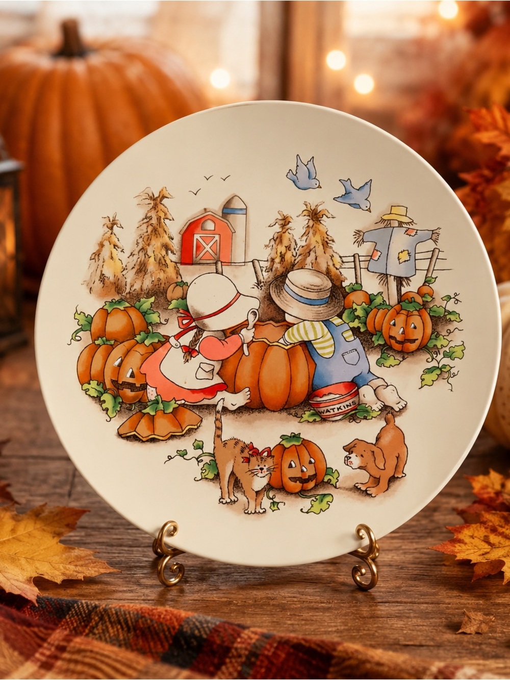Country Kids Sharing Is Fun Collector Dessert Plate 1991 Watkins Pumpkin Patch